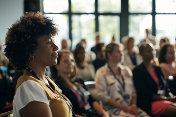 Attentive woman with curly hair in yellow top listening at a conference