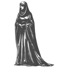 Naklejka premium Engraved Lady: Full-Length Portrait in Medieval Dress & Headscarf.
