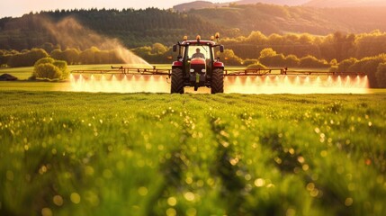 Fototapeta premium Tractor spraying water or pesticides on a green field farm