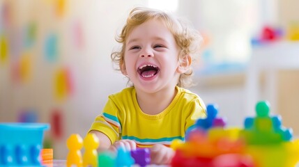 Child playing with a toy, A happy child is enjoying playing with a colorful toy, smiling and laughing