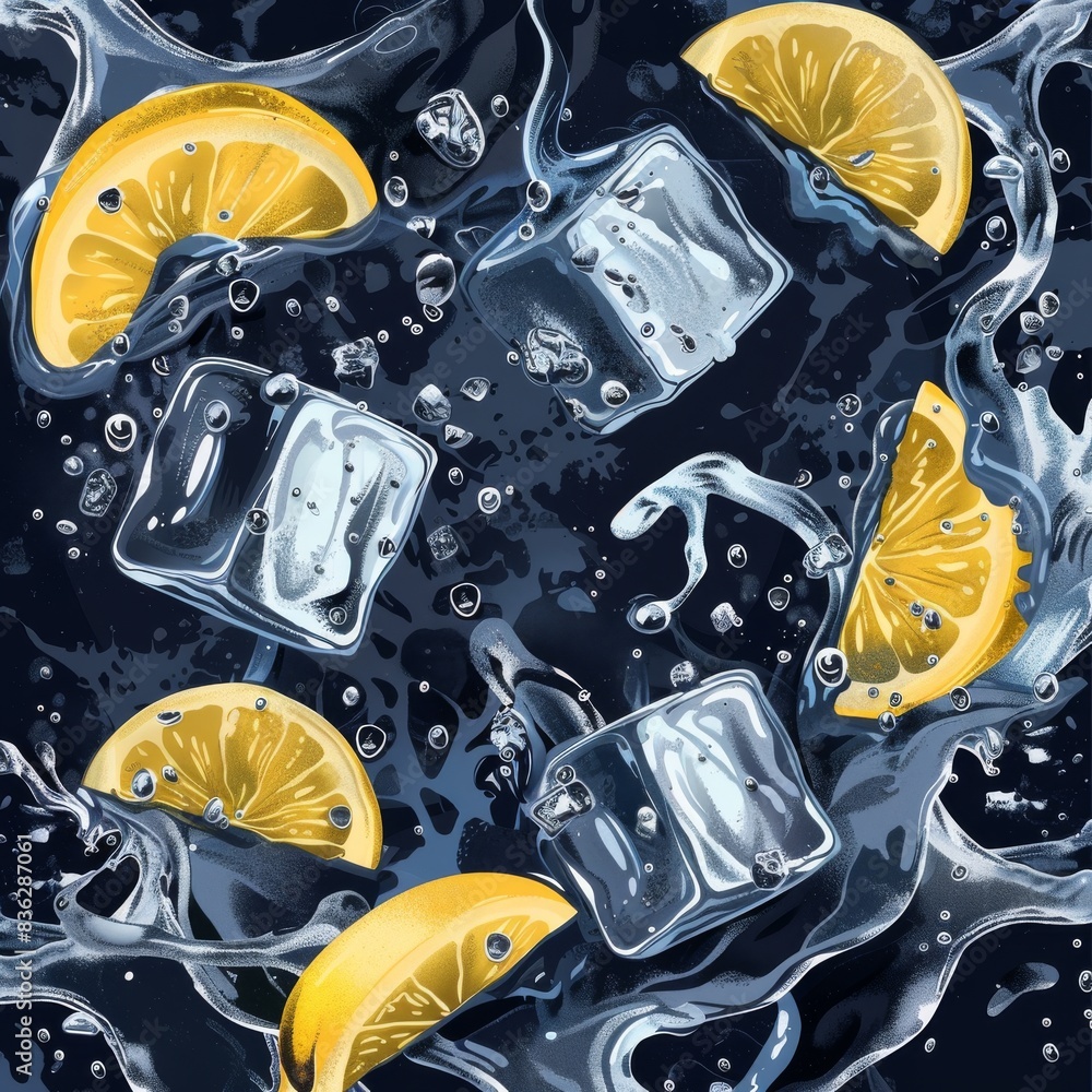 Poster artistic dynamic design featuring ice cubes and lemon slices in water splashes