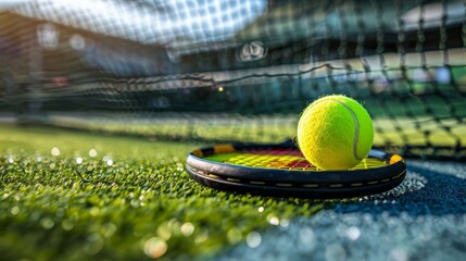 A tennis ball is sitting on a blue court