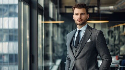 Stylish man in a suit, posing in a modern office, dressed in a well-tailored suit