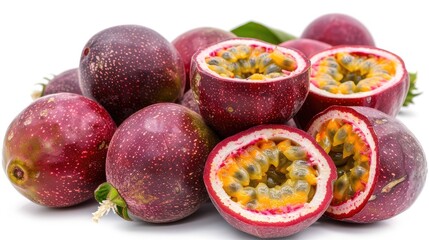 Close up image of a pile of ripe passion fruits isolated on a white background