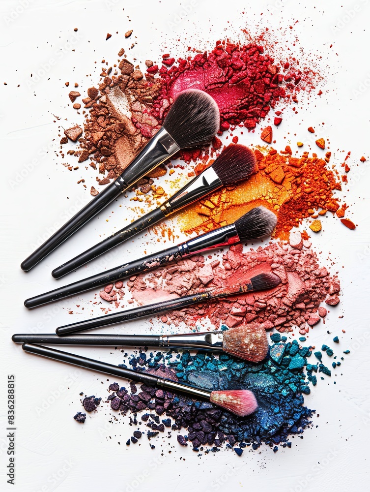 Aufkleber an artistic arrangement of makeup brushes covered in various colors of eyeshadow and blush on a whit