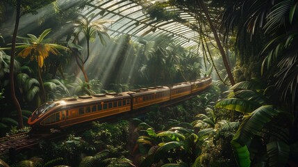 Panoramic shot capturing the train winding its way through a lush, green forest, with sunlight filtering through the canopy above