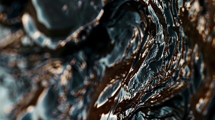 Fototapeta premium Macro of an oil spill affecting marine life, detailed focus on oil texture, dim, somber lighting. 