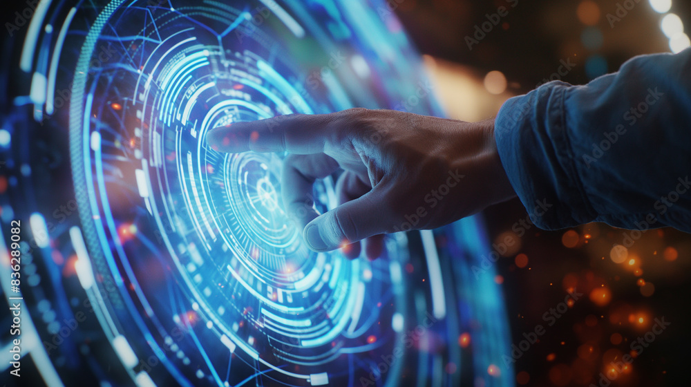 Poster businesswoman's hand touching ui for unlocking. network, cyber technology symbol and computer abstra