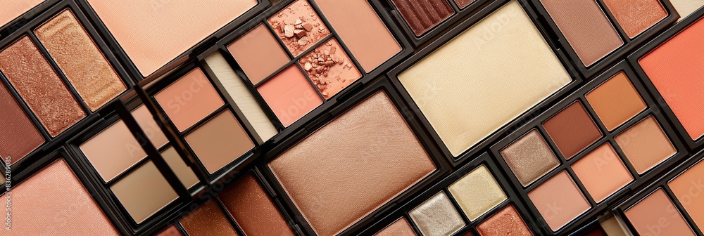 Poster a close-up of various contouring palettes and highlighters with rich colors and elegant, organized p