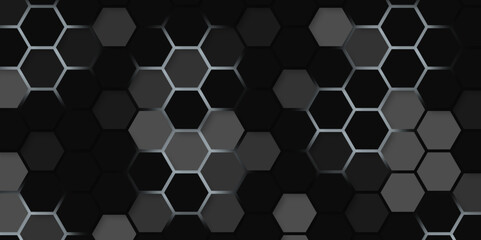 Hexagonal abstract metal background with light. Hexagonal gaming vector abstract tech background. Banner design.