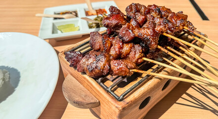 Homemade lamb or mutton satay marinated with spice and sweet soy sauce, coriander goat satay, served with chilli, soy sauce and tomato. Indonesian traditional satay