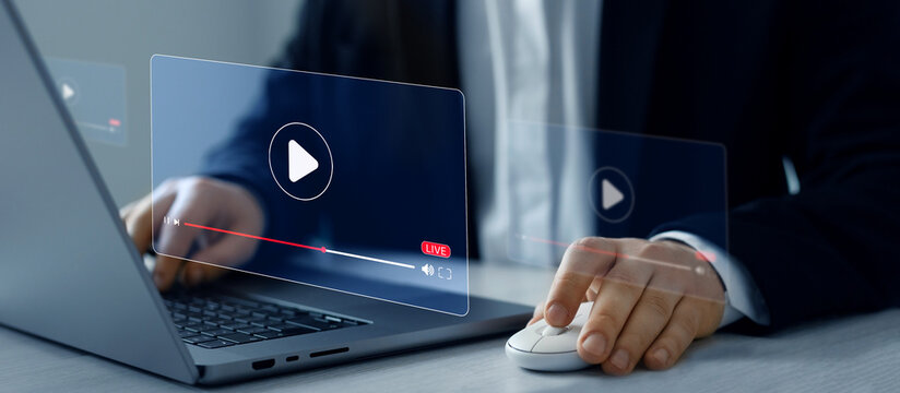 Businessman watching online live training.Live digital multimedia player.Digital online live stream window. Video streaming on internet media. 