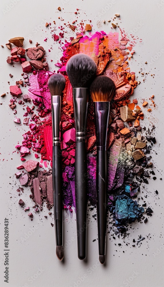 Aufkleber an artistic arrangement of three makeup brushes covered in vibrant eyeshadow and blush against a whi