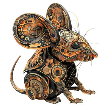 A steampunk mouse made of metal and gears, transparent background