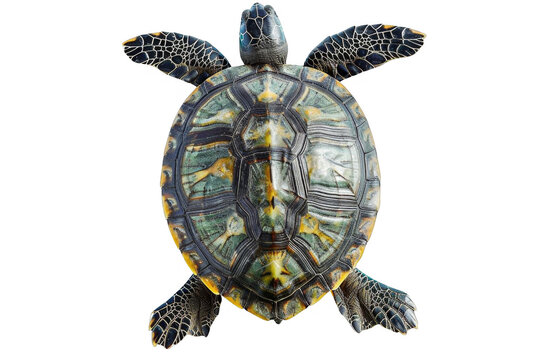A closeup of the back of a turtle with a yellow belly and black and yellow shell, transparent background
