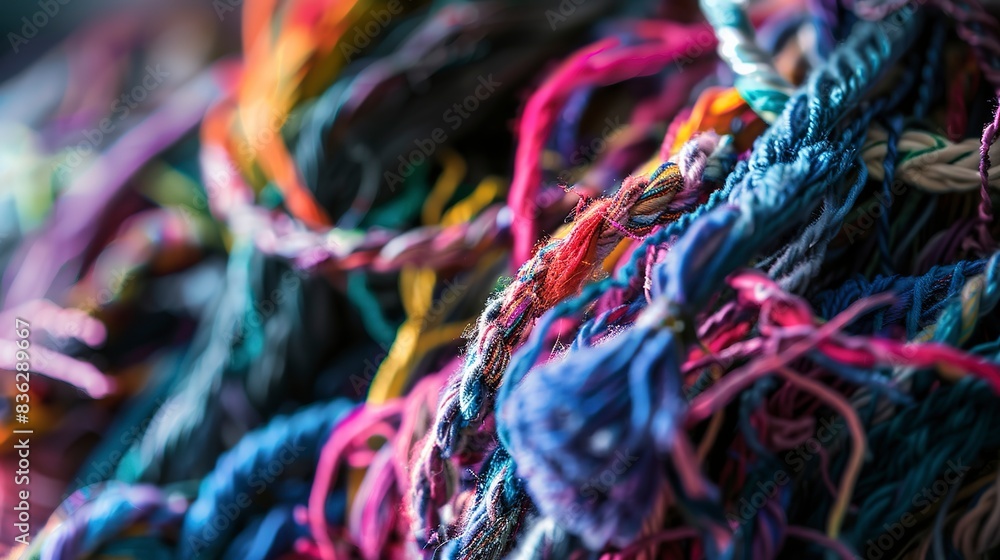 Poster Macro of intertwined fabric yarns made from recycled textiles, vibrant colors, focused detail, soft studio lighting. 