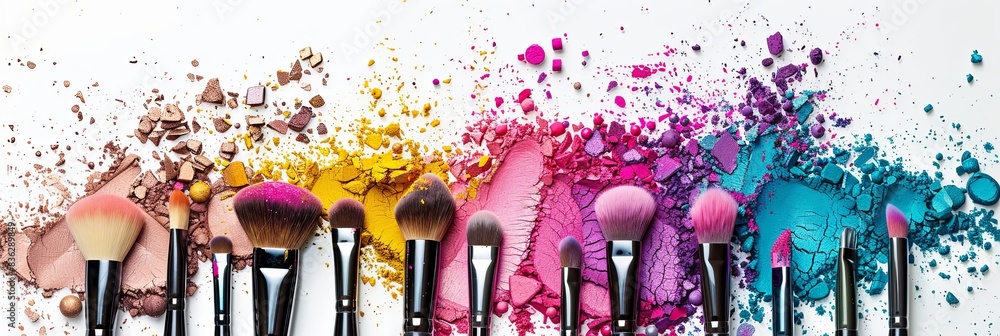 Poster A row of makeup brushes with colorful eyeshadow and blush splattered around them. Generative AI