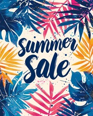 Summer sale on background with tropical leaves.