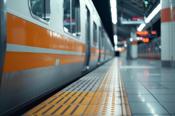 A train is on a train track with a stripe