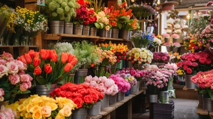 An elegant flower shop with fresh vibrant blooms, offering arranged bouquets and unique floral designs.