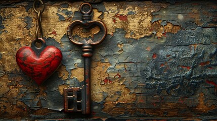 Key with the heart as a symbol of love/vintage card with red heart on grunge old background/valentines day background 