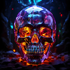 A close-up side view of an elongated alien head crystal skull, highlighting the eye sockets, the internal colors, and the structure of the skull against a dark, sophisticated cult background.