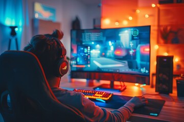 Person playing a computer game in a dark room with bright lighting.