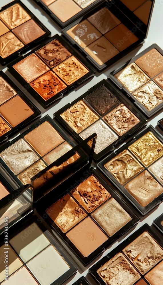 Poster closeup photo of a collection of colorful makeup palettes with contouring and highlighting shades. g