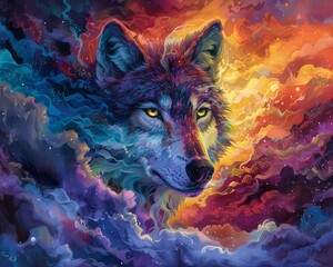 Fototapeta premium A vibrant and colourful painting of a mystical wolf with a majestic aura, its eyes glowing with a fierce and intense stare, set in a detailed fantasy landscape with dynamic and contrasting tones