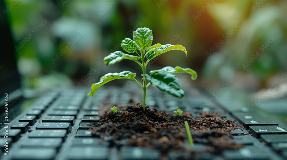 Poster leave nature and keyboard. a small green tree growing from the keyboard. environmentally sustainable