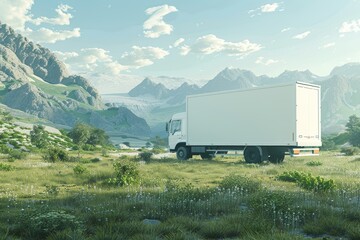A white semi truck is driving down a road in a grassy field