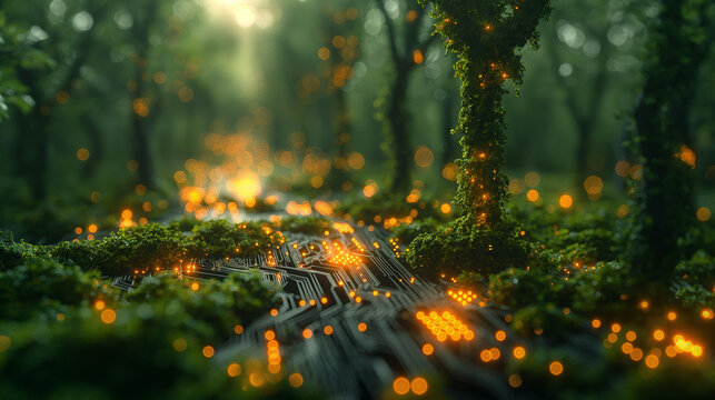 Trees grow with innovative microcircuit boards green computer Green technology. 3D illustration of a computer chip over a code background with leaves and binary code.