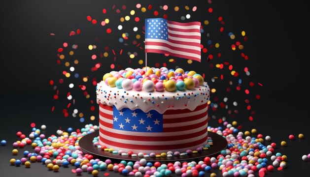 Sparkling Patriotic Cake, independence day, USA flag, sparkling with candies, dessert 