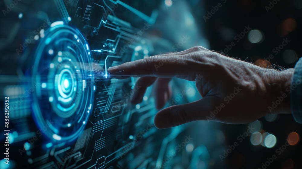 Poster businesswoman's hand touching ui for unlocking. network, cyber technology symbol and computer abstra
