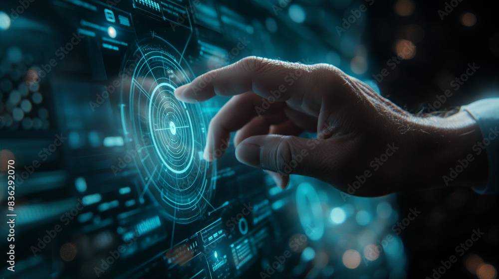 Poster businesswoman's hand touching ui for unlocking. network, cyber technology symbol and computer abstra
