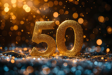 Golden number 50 in sparkling celebration festive atmosphere glittering lights milestone anniversary achievement jubilation elegant event glamorous design luxurious party decor