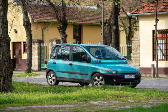 Fiat Multipla (modern MPV, type 186, pre facelift) in beautiful aquamarine blue color is parked in Horgos, Serbia, 29.03.2024