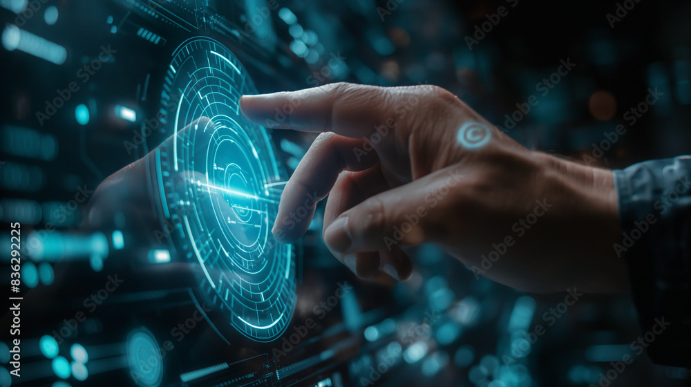 Poster businesswoman's hand touching ui for unlocking. network, cyber technology symbol and computer abstra