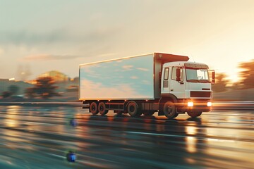A white semi truck is driving down a wet road
