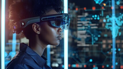 Person using AR glasses in a modern office, surrounded by floating data interfaces