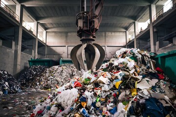 Efficient indoor waste facility with mixed waste pile, grabber, concrete walls, and natural light