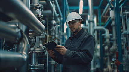 Worker in factory with hard hat and tablet