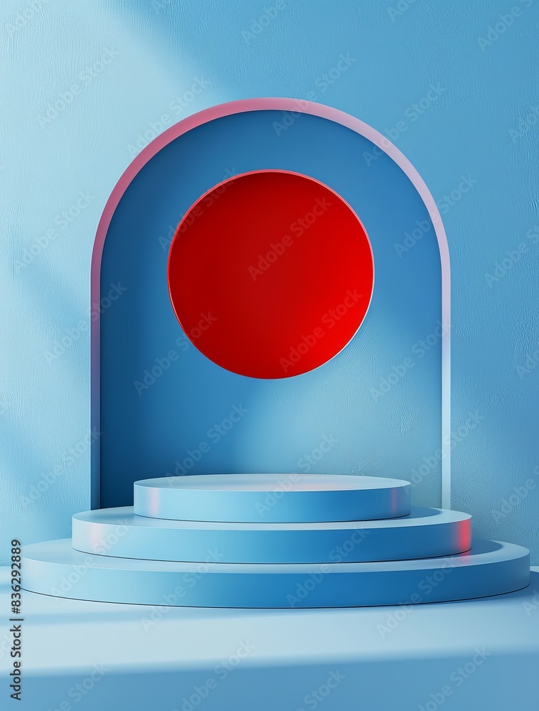 Poster minimalist blue background with red circular design and round podium