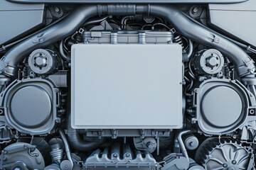A car engine with a white box on top of it