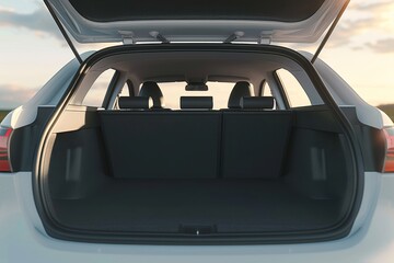 The trunk of a car is open to reveal a large white screen