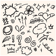 Hand drawn set elements, black on white background. Arrow, heart, love, star, leaf, sun, light, flower, daisy, crown, king, queen,Swishes, swoops, emphasis ,swirl, heart, for concept design.