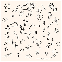 Hand drawn set elements, black on white background. Arrow, heart, love, star, leaf, sun, light, flower, daisy, crown, king, queen,Swishes, swoops, emphasis ,swirl, heart, for concept design.