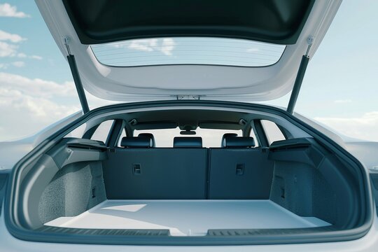The trunk of a car is open to reveal a large white screen