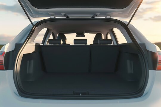 The trunk of a car is open to reveal a large white screen