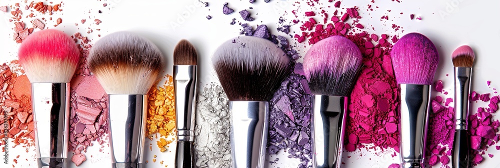 Poster a close-up image of colorful makeup brushes on a white background. generative ai